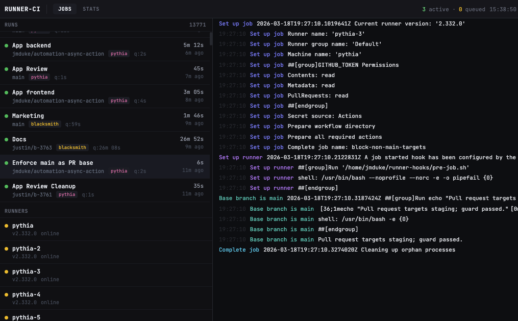 The jobs view: live runner status and systemd logs